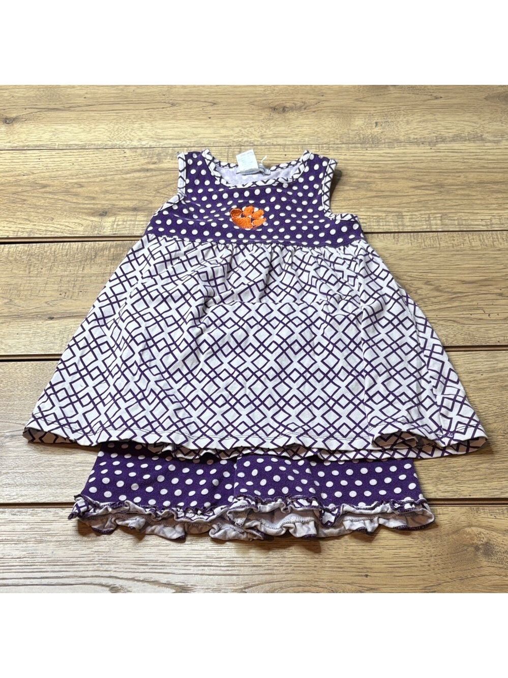 Purple and White Kids Matching Set with Clemson Tiger Paw on the Front Size 6